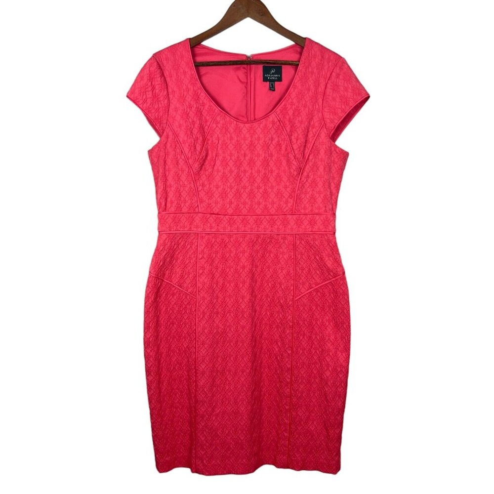Adrianna Papell Dress 14 Coral Sheath Cap Sleeve Textured‎ Pattern Knee Length